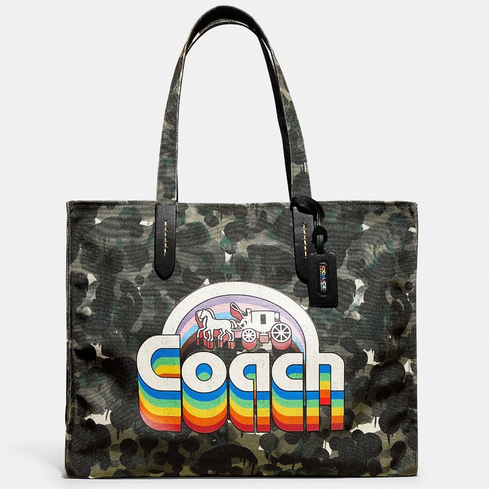 Coach 100 Percent Recycled Canvas Tote 42 With Camo Print And Rainbow Horse